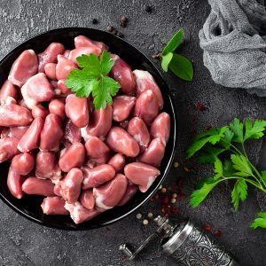 Raw chicken hearts. Fresh chicken hearts