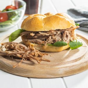 Sandwich with pulled meat.